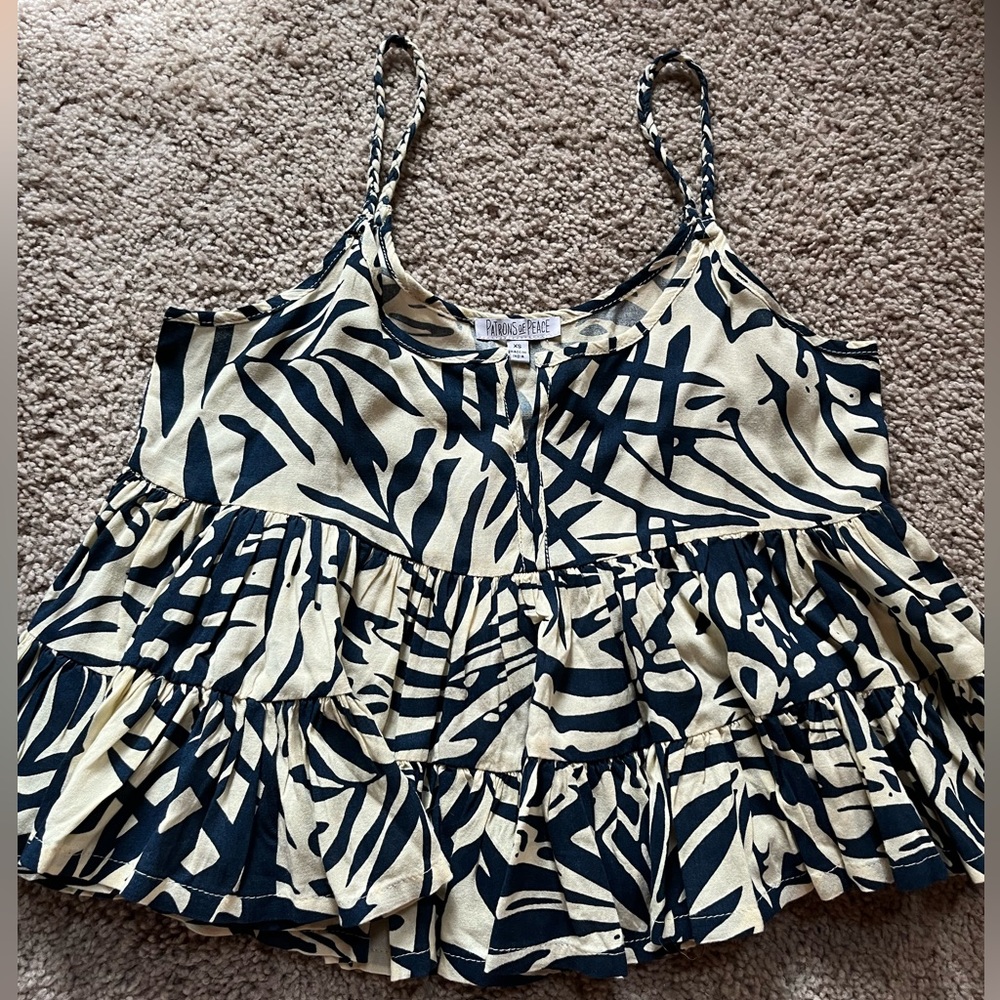Patrons of peace- flowy cropped tank top navy and cream tropical print